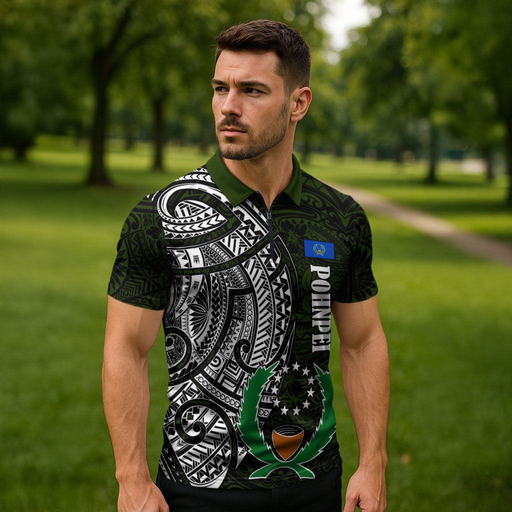 Pohnpei Federated States Of Micronesia Zipper Polo Shirt Polynesian Tribal Heritage Art With Kaselehlie State Seal