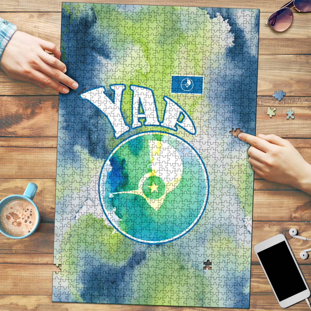 Yap Island Heritage Cultural Symbol Puzzle Micronesian Flag Stone Money Watercolor Abstract Art Design TS04 Green Blue - Polynesian Pride