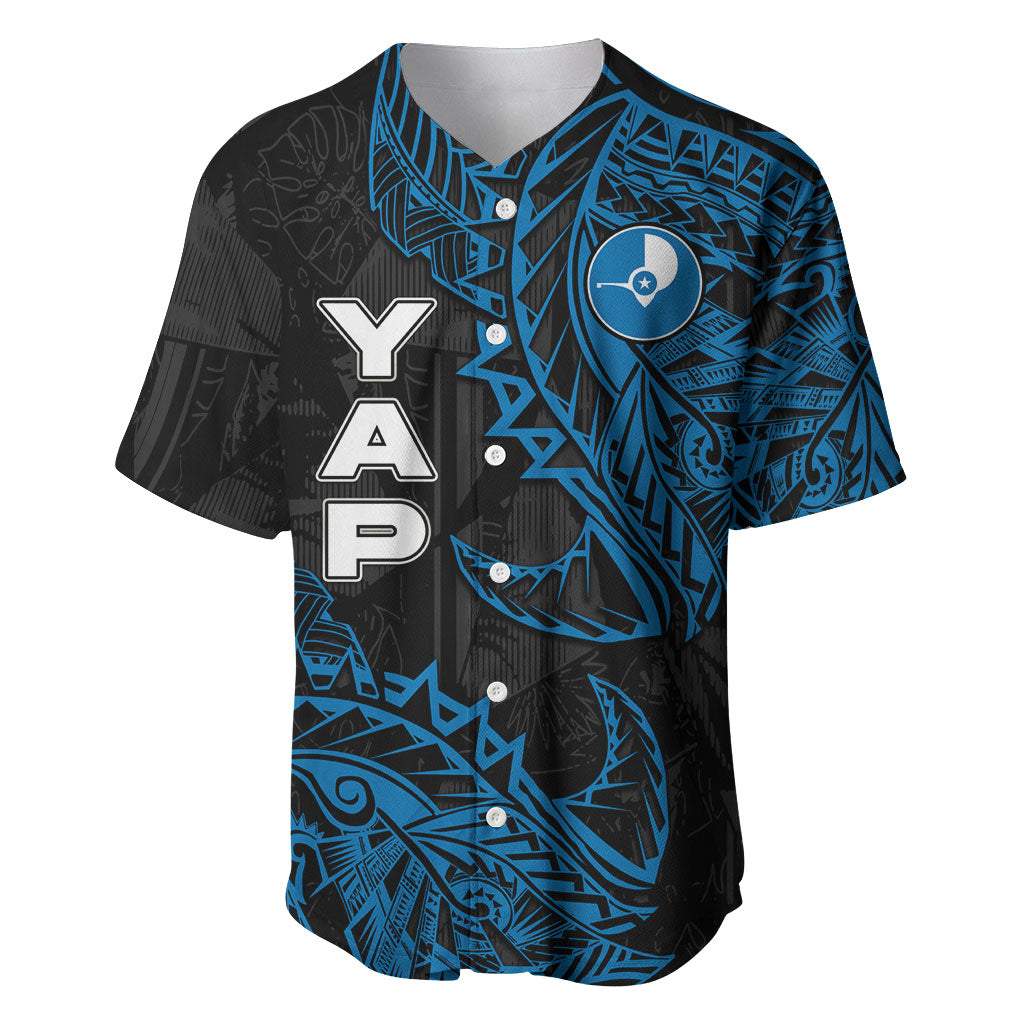 Yap Island Tribal Heritage Baseball Jersey Micronesian Polynesian Tattoo Pattern Blue Black Cultural Art