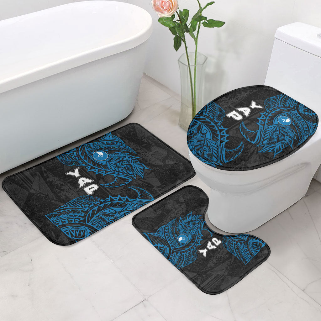 Yap Island Tribal Heritage Bathroom Set Micronesian Polynesian Tattoo Pattern Blue Black Cultural Art