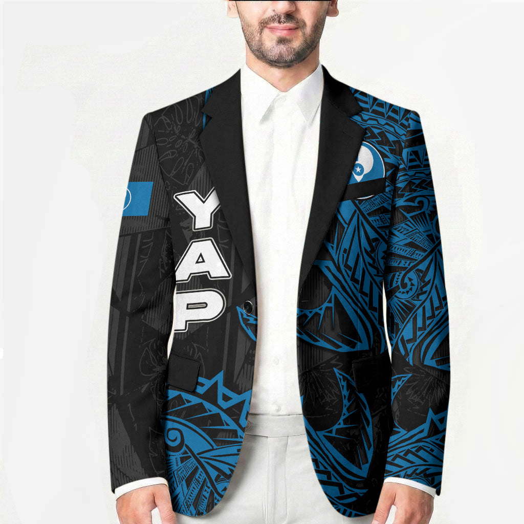 Yap Island Tribal Heritage Blazer Micronesian Polynesian Tattoo Pattern Blue Black Cultural Art