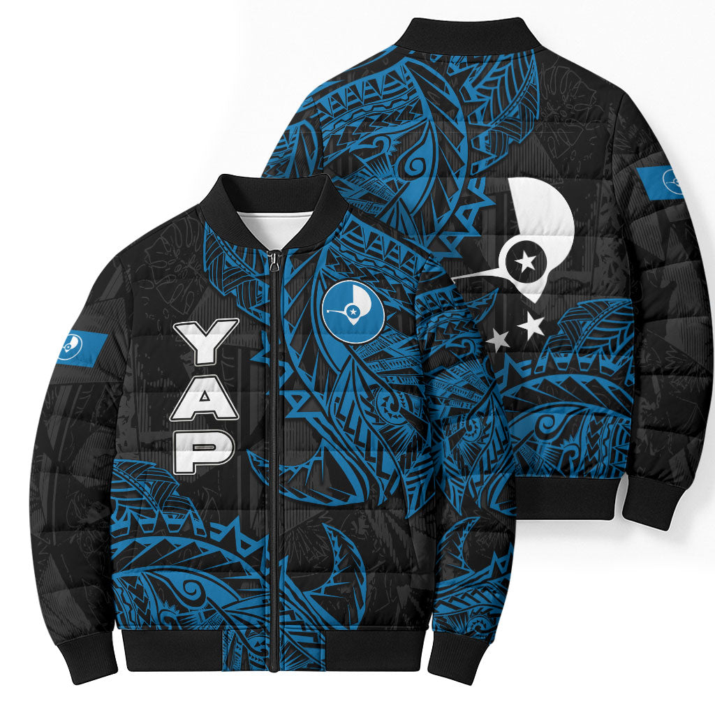 Yap Island Tribal Heritage Bomber Puffer Jacket Micronesian Polynesian Tattoo Pattern Blue Black Cultural Art