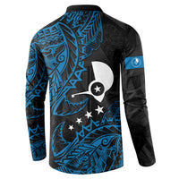 Yap Island Tribal Heritage Button Sweatshirt Micronesian Polynesian Tattoo Pattern Blue Black Cultural Art