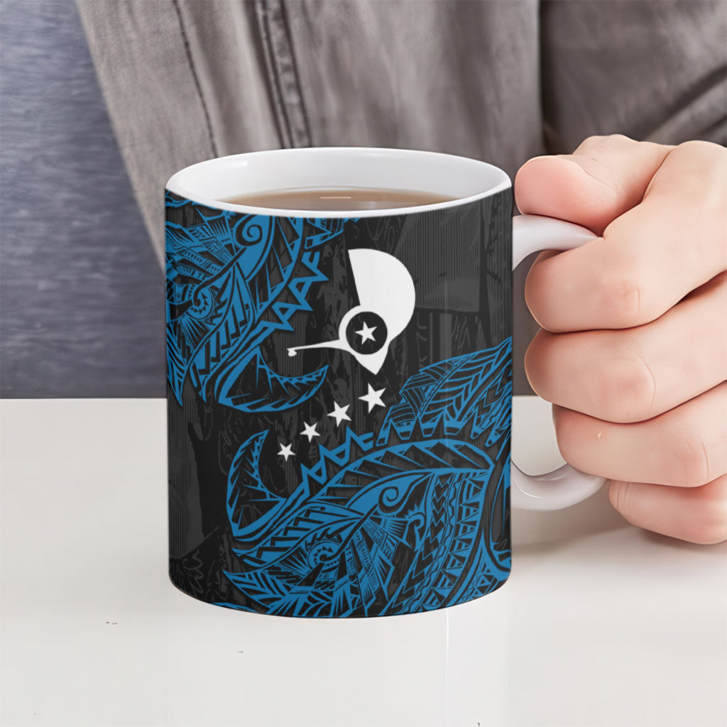 Yap Island Tribal Heritage Ceramic Mug Micronesian Polynesian Tattoo Pattern Blue Black Cultural Art