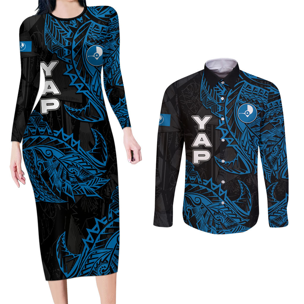 Yap Island Tribal Heritage Couples Matching Long Sleeve Bodycon Dress and Long Sleeve Button Shirt Micronesian Polynesian Tattoo Pattern Blue Black Cultural Art