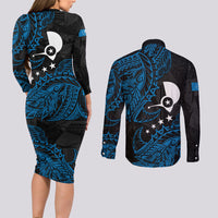 Yap Island Tribal Heritage Couples Matching Long Sleeve Bodycon Dress and Long Sleeve Button Shirt Micronesian Polynesian Tattoo Pattern Blue Black Cultural Art