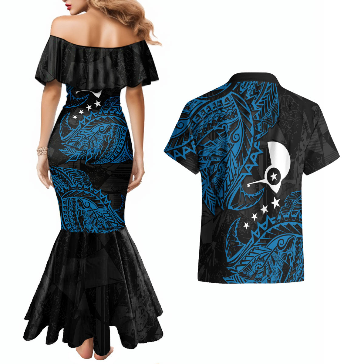 Yap Island Tribal Heritage Couples Matching Mermaid Dress and Hawaiian Shirt Micronesian Polynesian Tattoo Pattern Blue Black Cultural Art