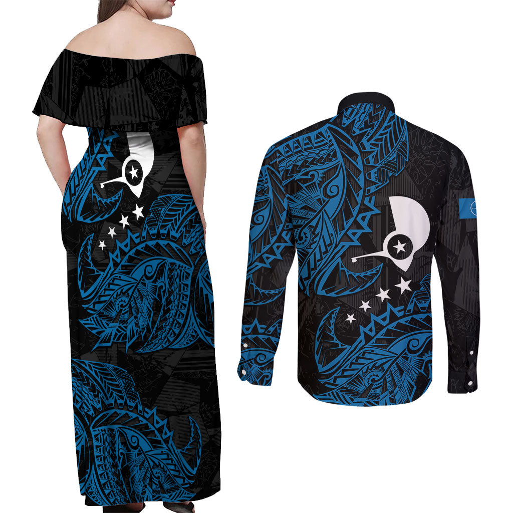 Yap Island Tribal Heritage Couples Matching Off Shoulder Maxi Dress and Long Sleeve Button Shirt Micronesian Polynesian Tattoo Pattern Blue Black Cultural Art