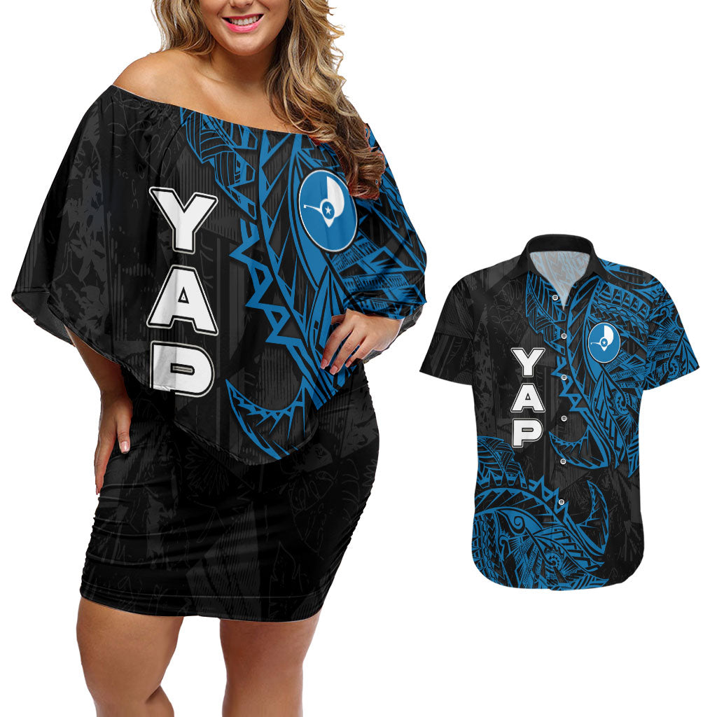Yap Island Tribal Heritage Couples Matching Off Shoulder Short Dress and Hawaiian Shirt Micronesian Polynesian Tattoo Pattern Blue Black Cultural Art