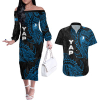 Yap Island Tribal Heritage Couples Matching Off The Shoulder Long Sleeve Dress and Hawaiian Shirt Micronesian Polynesian Tattoo Pattern Blue Black Cultural Art
