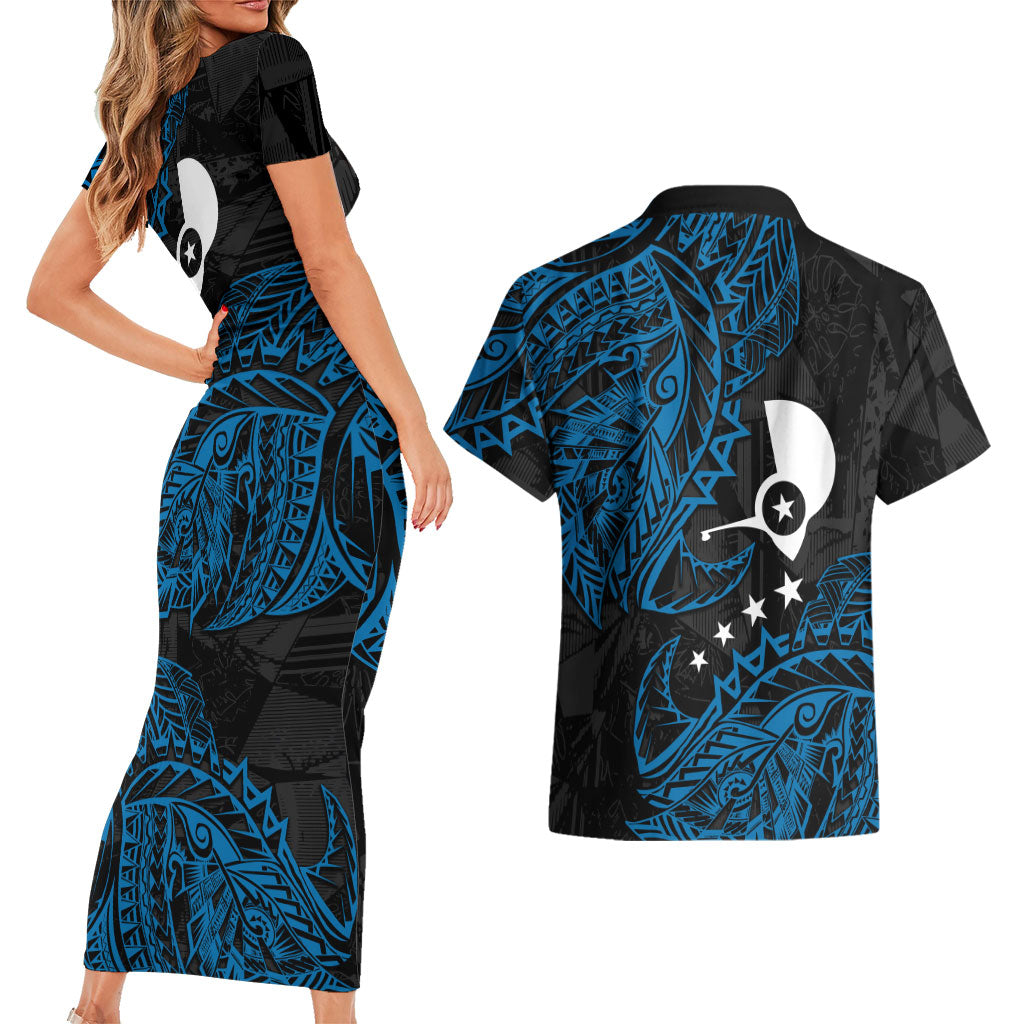 Yap Island Tribal Heritage Couples Matching Short Sleeve Bodycon Dress and Hawaiian Shirt Micronesian Polynesian Tattoo Pattern Blue Black Cultural Art