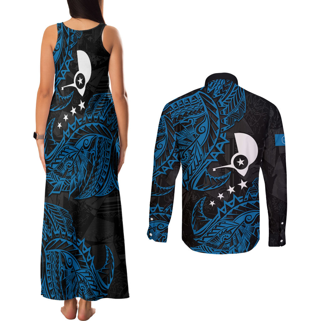 Yap Island Tribal Heritage Couples Matching Tank Maxi Dress and Long Sleeve Button Shirt Micronesian Polynesian Tattoo Pattern Blue Black Cultural Art