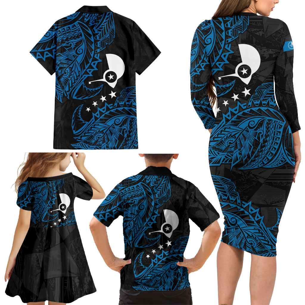 Yap Island Tribal Heritage Family Matching Long Sleeve Bodycon Dress and Hawaiian Shirt Micronesian Polynesian Tattoo Pattern Blue Black Cultural Art