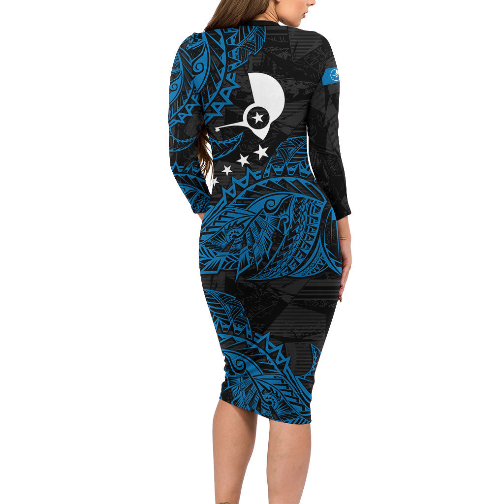 Yap Island Tribal Heritage Family Matching Long Sleeve Bodycon Dress and Hawaiian Shirt Micronesian Polynesian Tattoo Pattern Blue Black Cultural Art