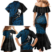 Yap Island Tribal Heritage Family Matching Mermaid Dress and Hawaiian Shirt Micronesian Polynesian Tattoo Pattern Blue Black Cultural Art