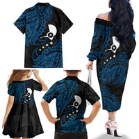 Yap Island Tribal Heritage Family Matching Off The Shoulder Long Sleeve Dress and Hawaiian Shirt Micronesian Polynesian Tattoo Pattern Blue Black Cultural Art