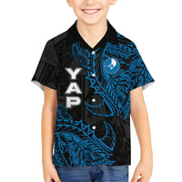 Yap Island Tribal Heritage Family Matching Off Shoulder Maxi Dress and Hawaiian Shirt Micronesian Polynesian Tattoo Pattern Blue Black Cultural Art