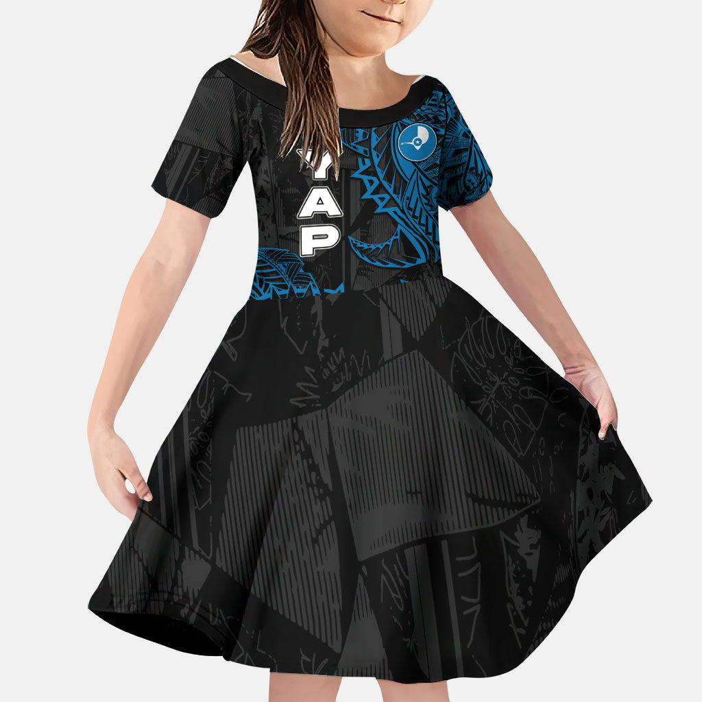 Yap Island Tribal Heritage Family Matching Off Shoulder Short Dress and Hawaiian Shirt Micronesian Polynesian Tattoo Pattern Blue Black Cultural Art