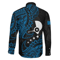 Yap Island Tribal Heritage Family Matching Off Shoulder Short Dress and Hawaiian Shirt Micronesian Polynesian Tattoo Pattern Blue Black Cultural Art