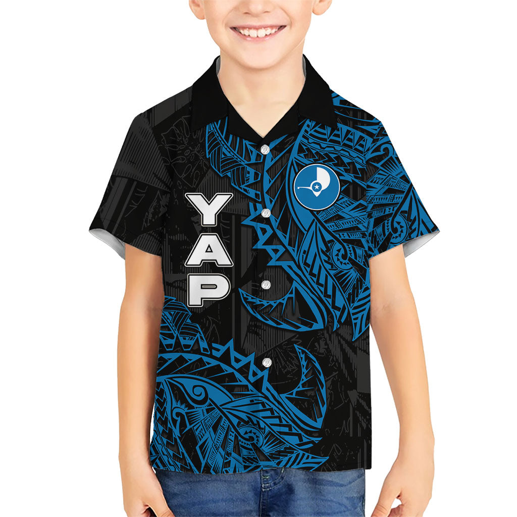 Yap Island Tribal Heritage Family Matching Off Shoulder Short Dress and Hawaiian Shirt Micronesian Polynesian Tattoo Pattern Blue Black Cultural Art