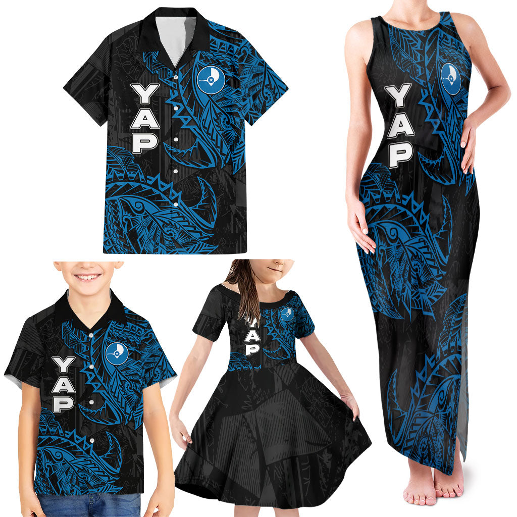 Yap Island Tribal Heritage Family Matching Tank Maxi Dress and Hawaiian Shirt Micronesian Polynesian Tattoo Pattern Blue Black Cultural Art