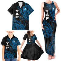 Yap Island Tribal Heritage Family Matching Tank Maxi Dress and Hawaiian Shirt Micronesian Polynesian Tattoo Pattern Blue Black Cultural Art