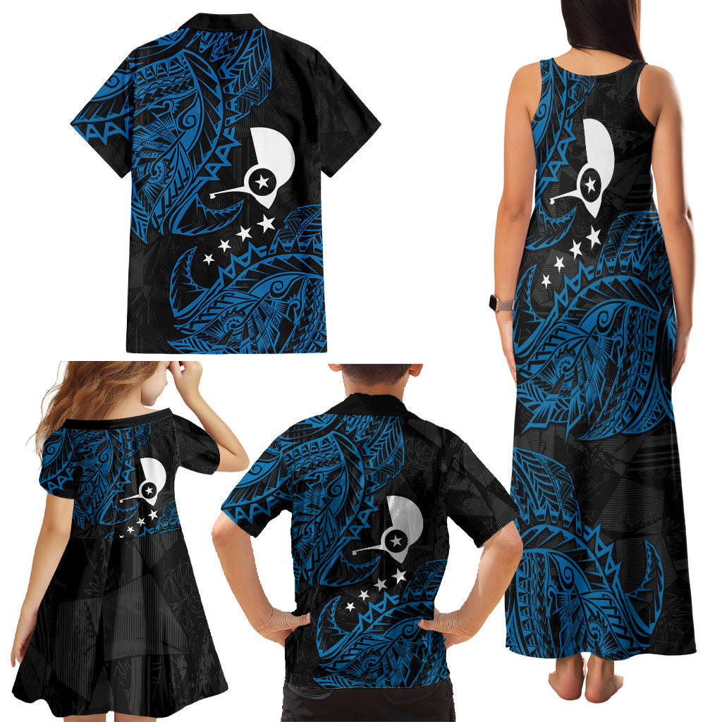 Yap Island Tribal Heritage Family Matching Tank Maxi Dress and Hawaiian Shirt Micronesian Polynesian Tattoo Pattern Blue Black Cultural Art
