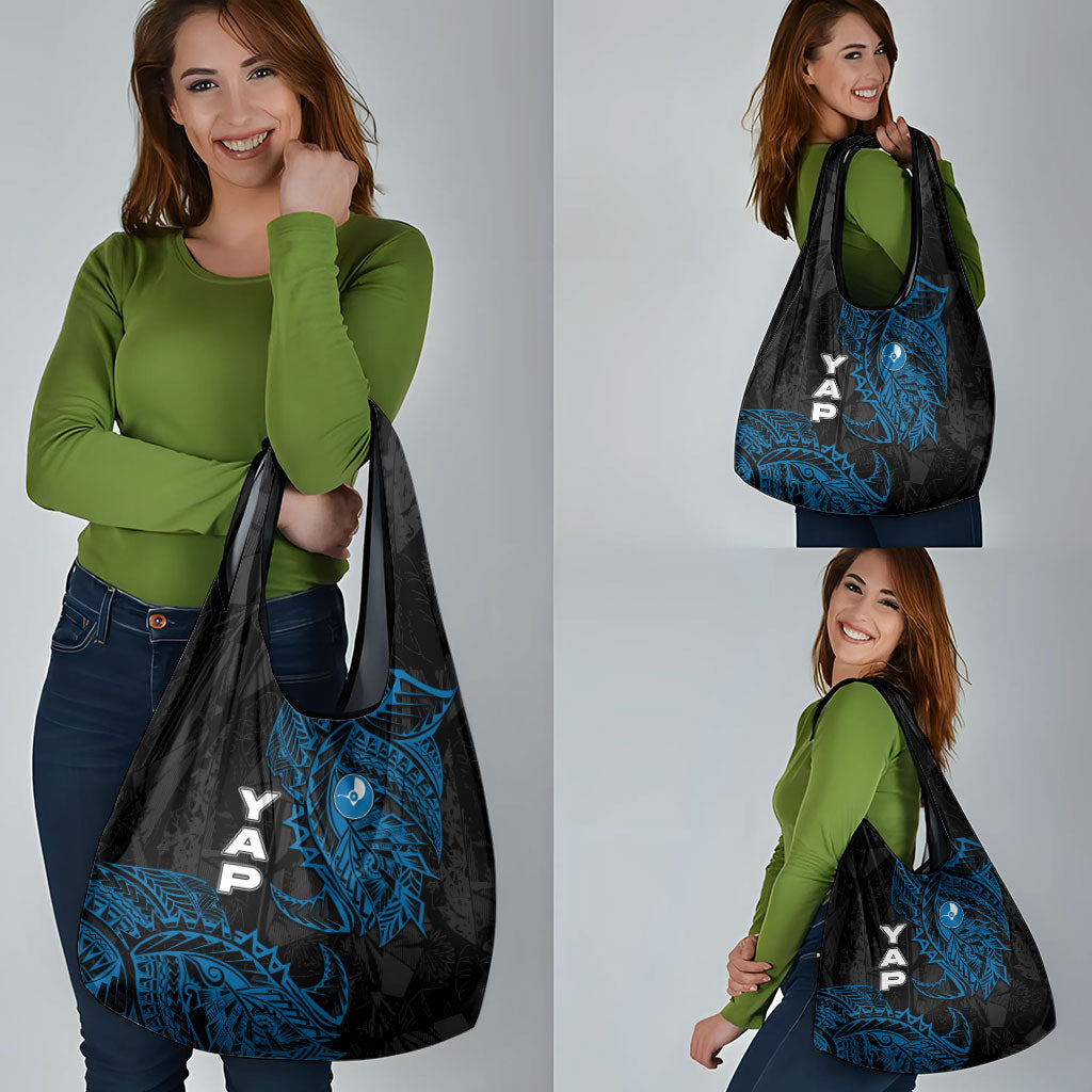 Yap Island Tribal Heritage Grocery Bag Micronesian Polynesian Tattoo Pattern Blue Black Cultural Art