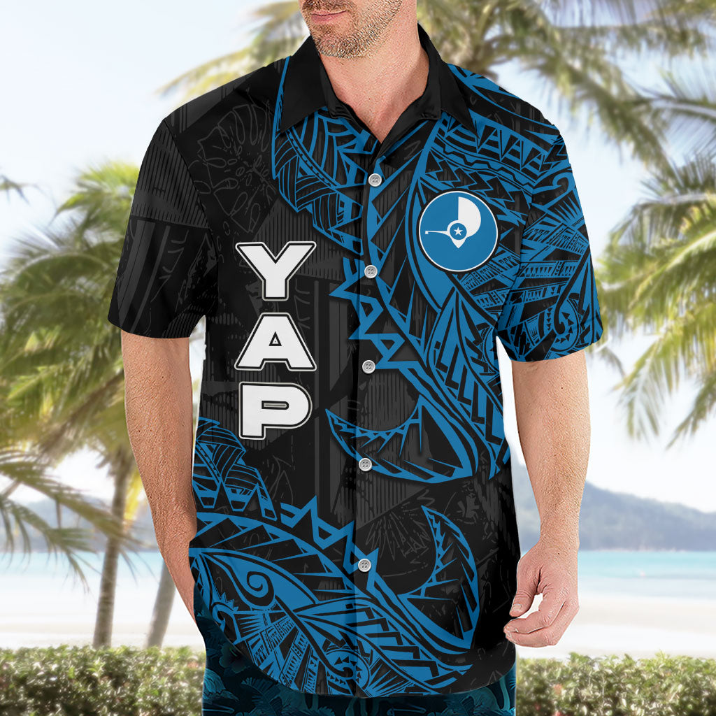 Yap Island Tribal Heritage Hawaiian Shirt Micronesian Polynesian Tattoo Pattern Blue Black Cultural Art