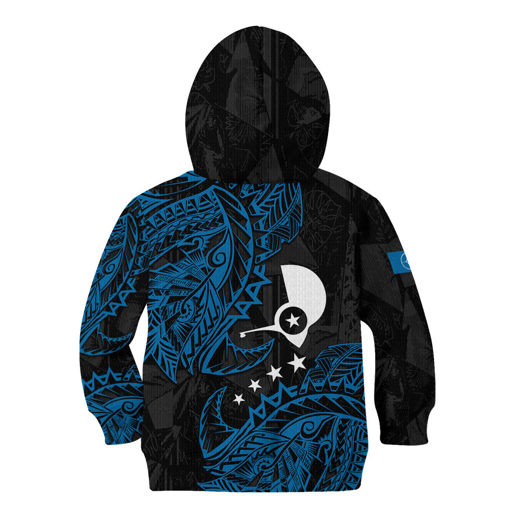 Yap Island Tribal Heritage Kid Hoodie Micronesian Polynesian Tattoo Pattern Blue Black Cultural Art