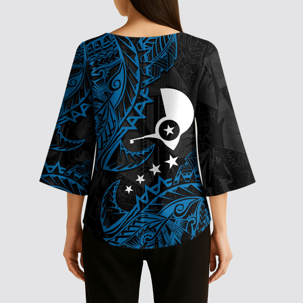 Yap Island Tribal Heritage Kimono Sleeve Blouse Micronesian Polynesian Tattoo Pattern Blue Black Cultural Art