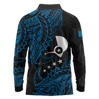 Yap Island Tribal Heritage Long Sleeve Polo Shirt Micronesian Polynesian Tattoo Pattern Blue Black Cultural Art