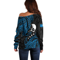 Yap Island Tribal Heritage Off Shoulder Sweater Micronesian Polynesian Tattoo Pattern Blue Black Cultural Art