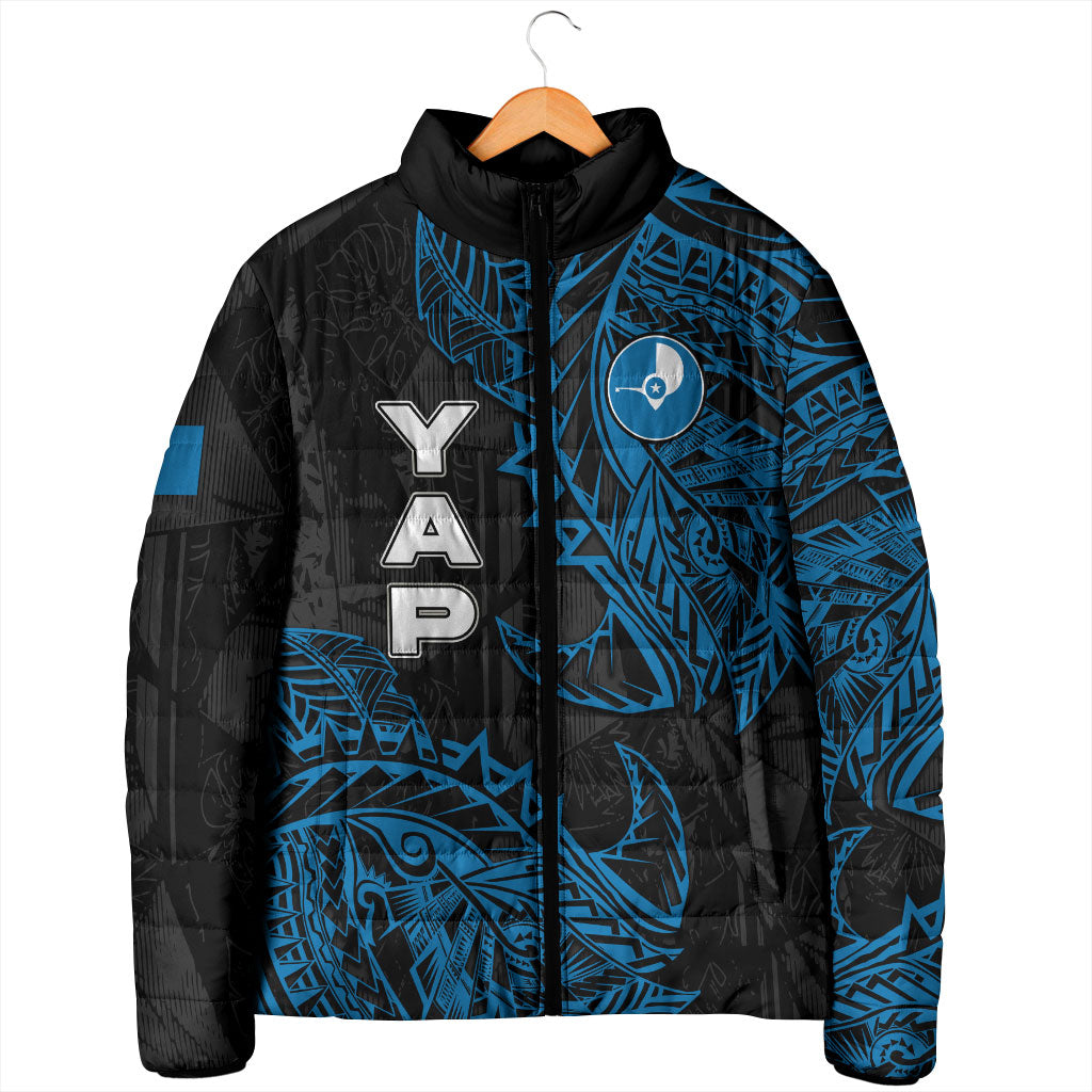 Yap Island Tribal Heritage Padded Jacket Micronesian Polynesian Tattoo Pattern Blue Black Cultural Art
