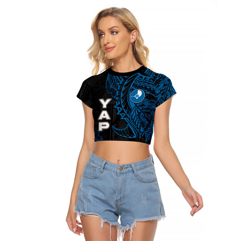 Yap Island Tribal Heritage Raglan Cropped T Shirt Micronesian Polynesian Tattoo Pattern Blue Black Cultural Art