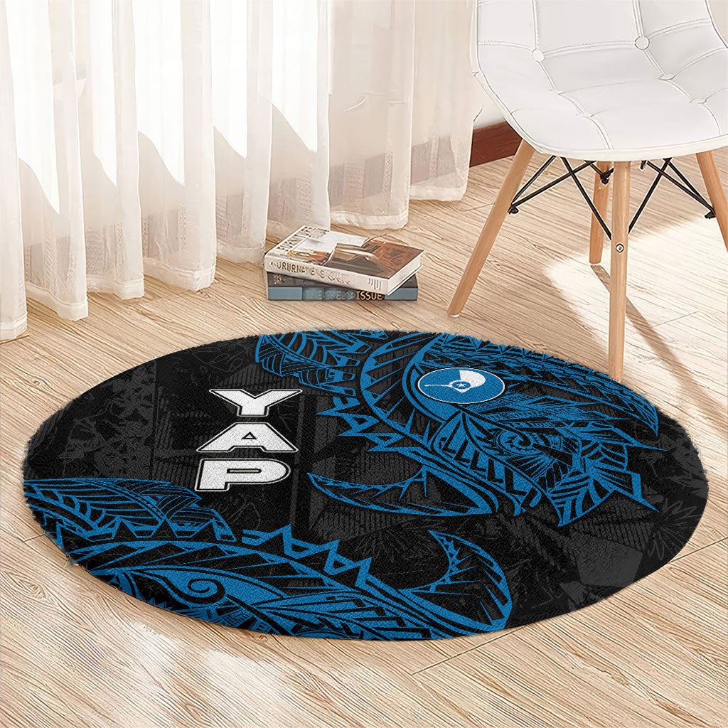 Yap Island Tribal Heritage Round Carpet Micronesian Polynesian Tattoo Pattern Blue Black Cultural Art