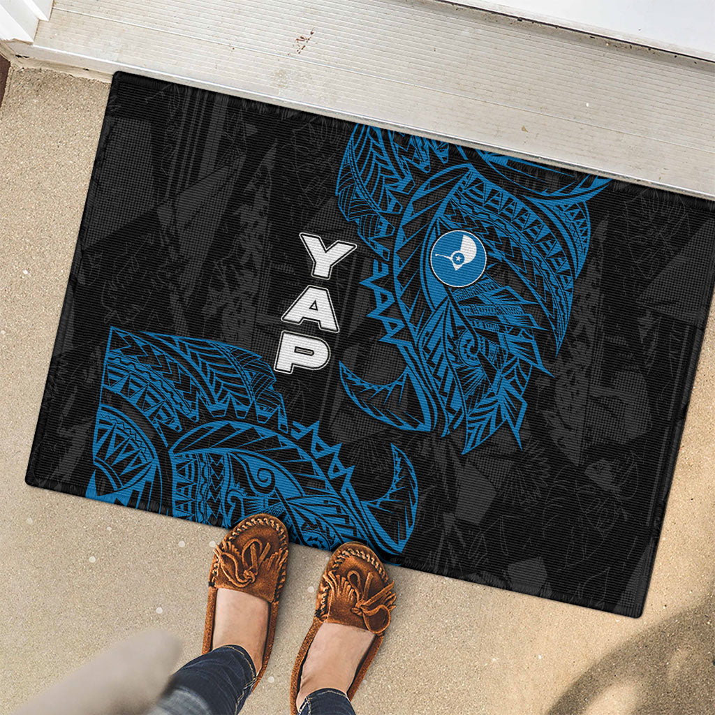 Yap Island Tribal Heritage Rubber Doormat Micronesian Polynesian Tattoo Pattern Blue Black Cultural Art