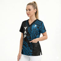 Yap Island Tribal Heritage Scrub Top Micronesian Polynesian Tattoo Pattern Blue Black Cultural Art