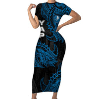 Yap Island Tribal Heritage Short Sleeve Bodycon Dress Micronesian Polynesian Tattoo Pattern Blue Black Cultural Art