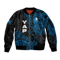 Yap Island Tribal Heritage Sleeve Zip Bomber Jacket Micronesian Polynesian Tattoo Pattern Blue Black Cultural Art