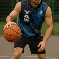 Yap Island Tribal Heritage Sleeveless Hoodie Micronesian Polynesian Tattoo Pattern Blue Black Cultural Art