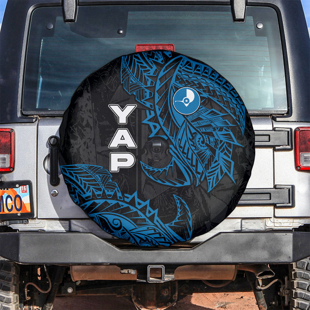 Yap Island Tribal Heritage Spare Tire Cover Micronesian Polynesian Tattoo Pattern Blue Black Cultural Art