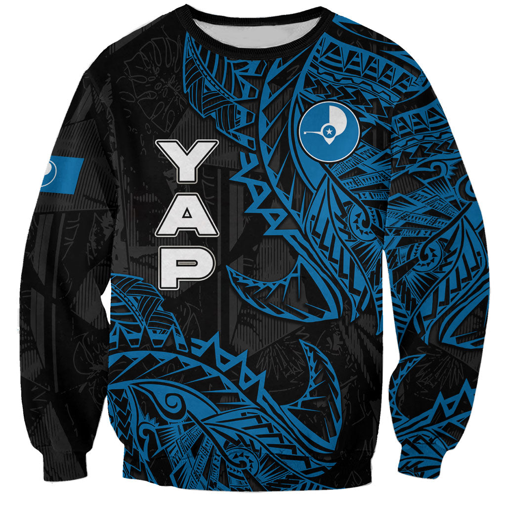 Yap Island Tribal Heritage Sweatshirt Micronesian Polynesian Tattoo Pattern Blue Black Cultural Art