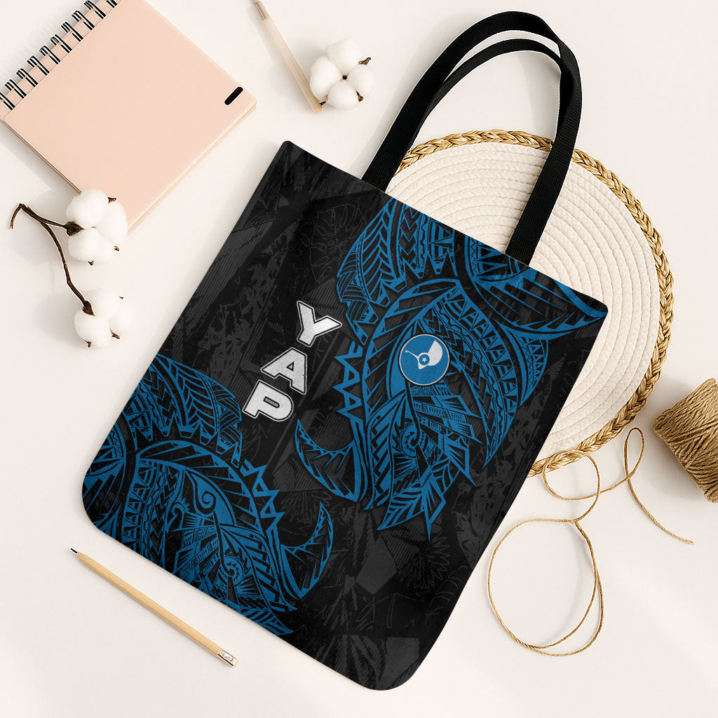 Yap Island Tribal Heritage Tote Bag Micronesian Polynesian Tattoo Pattern Blue Black Cultural Art
