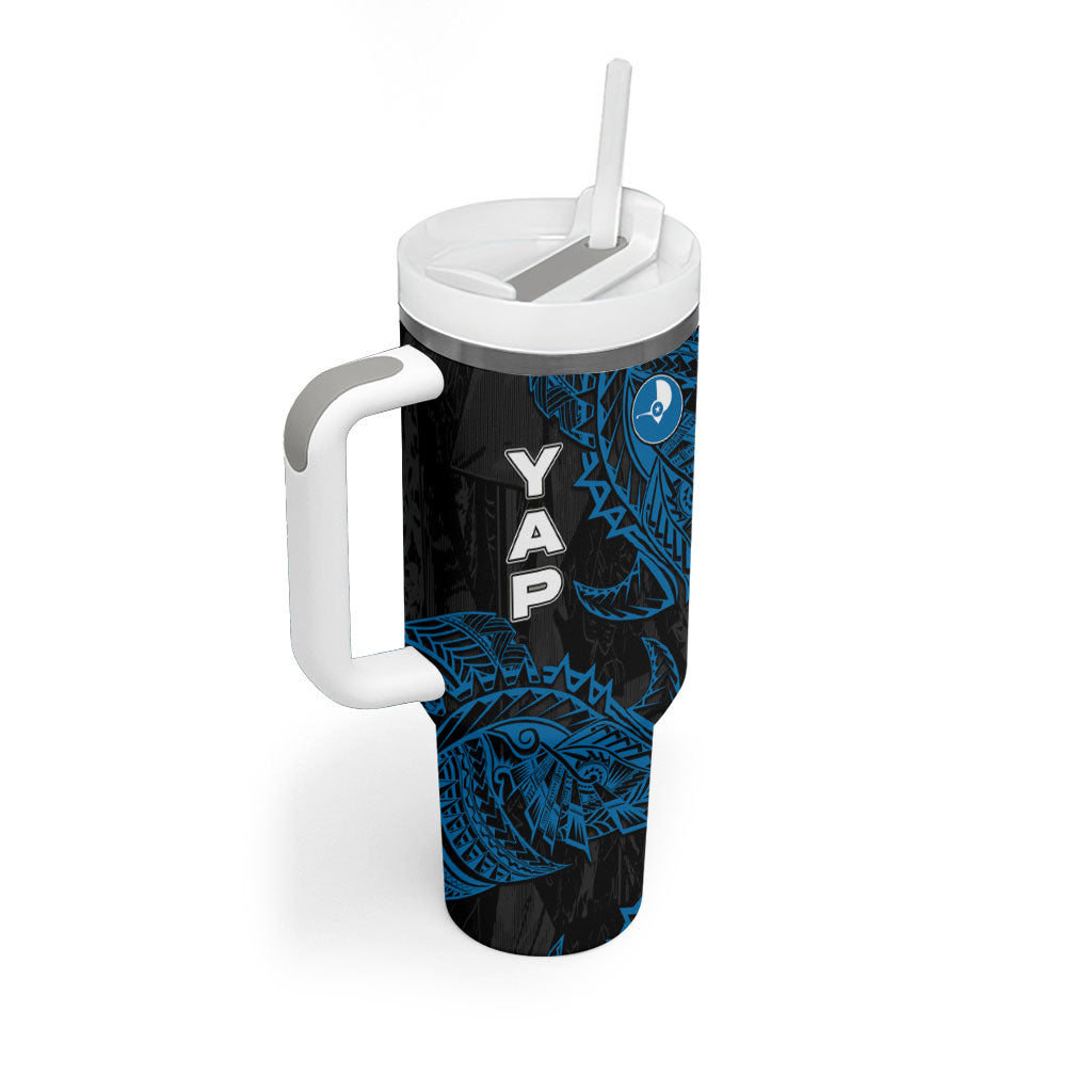 Yap Island Tribal Heritage Tumbler With Handle Micronesian Polynesian Tattoo Pattern Blue Black Cultural Art
