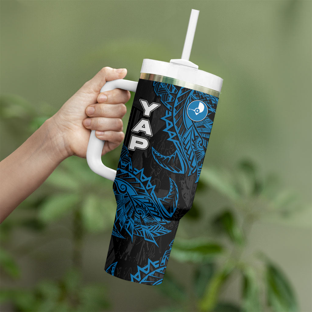 Yap Island Tribal Heritage Tumbler With Handle Micronesian Polynesian Tattoo Pattern Blue Black Cultural Art