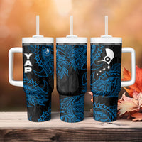 Yap Island Tribal Heritage Tumbler With Handle Micronesian Polynesian Tattoo Pattern Blue Black Cultural Art