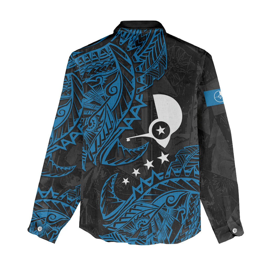 Yap Island Tribal Heritage Women Casual Shirt Micronesian Polynesian Tattoo Pattern Blue Black Cultural Art
