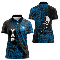 Yap Island Tribal Heritage Women Polo Shirt Micronesian Polynesian Tattoo Pattern Blue Black Cultural Art