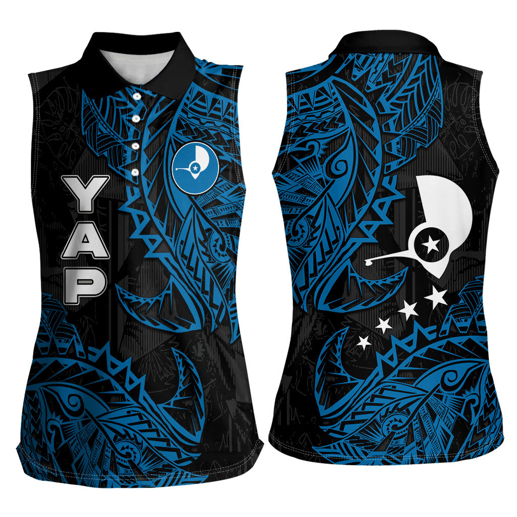 Yap Island Tribal Heritage Women Sleeveless Polo Shirt Micronesian Polynesian Tattoo Pattern Blue Black Cultural Art